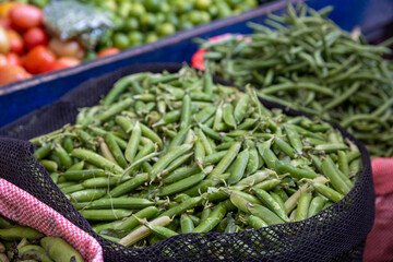 Fresh and green pods in the market