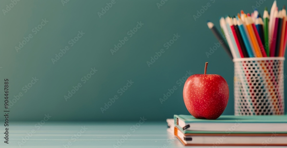 Poster red apple on stack of notebooks with colorful pencils in container against a green background