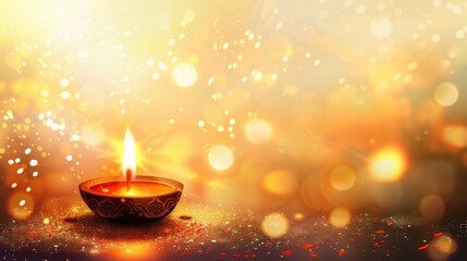 Happy Diwali. Festival of Lights in India. Diya oil lamps on a yellow background. Bokeh effect. Horizontal banner. Free space for text. Deepavali, Hindu festival of lights celebration