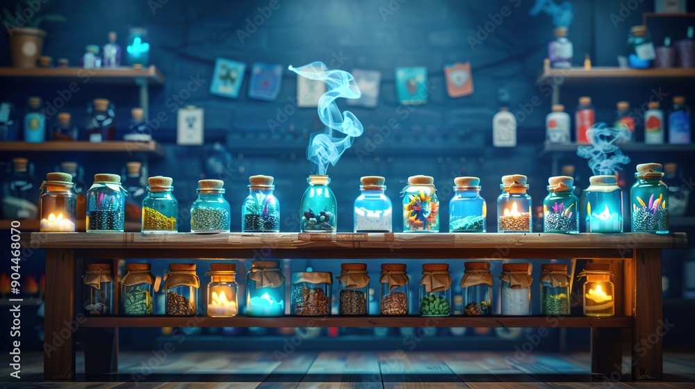 Poster an elegantly set wooden table, adorned with an array of jars containing diverse items and illuminate