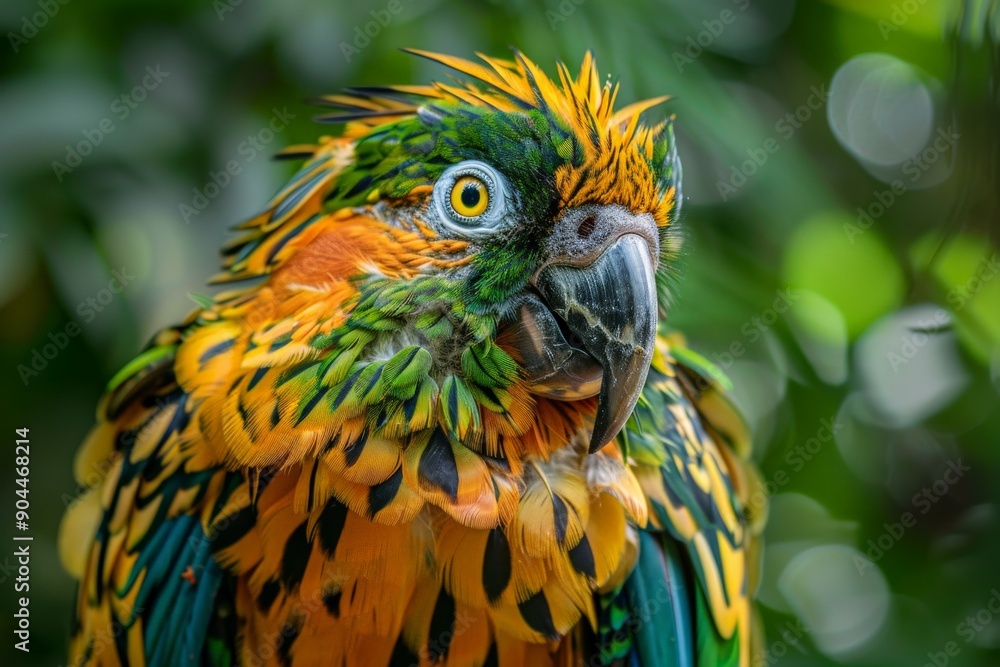 Poster a close-up shot of a colorful parrot showcasing its vibrant feathers and inquisitive expression, set