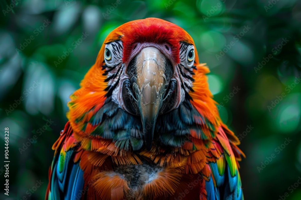Poster a striking portrait of a vibrantly colored parrot staring directly at the lens with intense focus, s