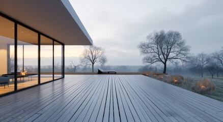 Fototapeta premium Modern House Surrounded by Lush Gardens at Twilight