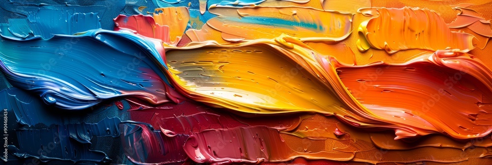 Poster dynamic abstract painting with vibrant color waves against a blue background, highlighting creativit