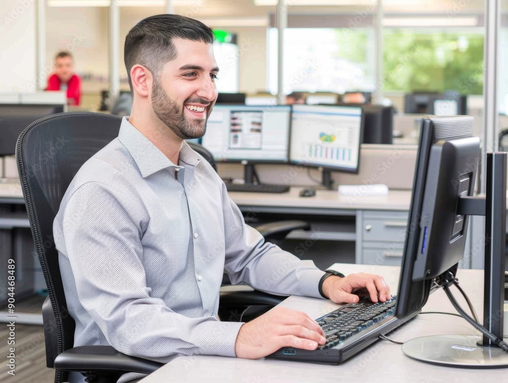 Poster young professional smiling while working on computer in busy office