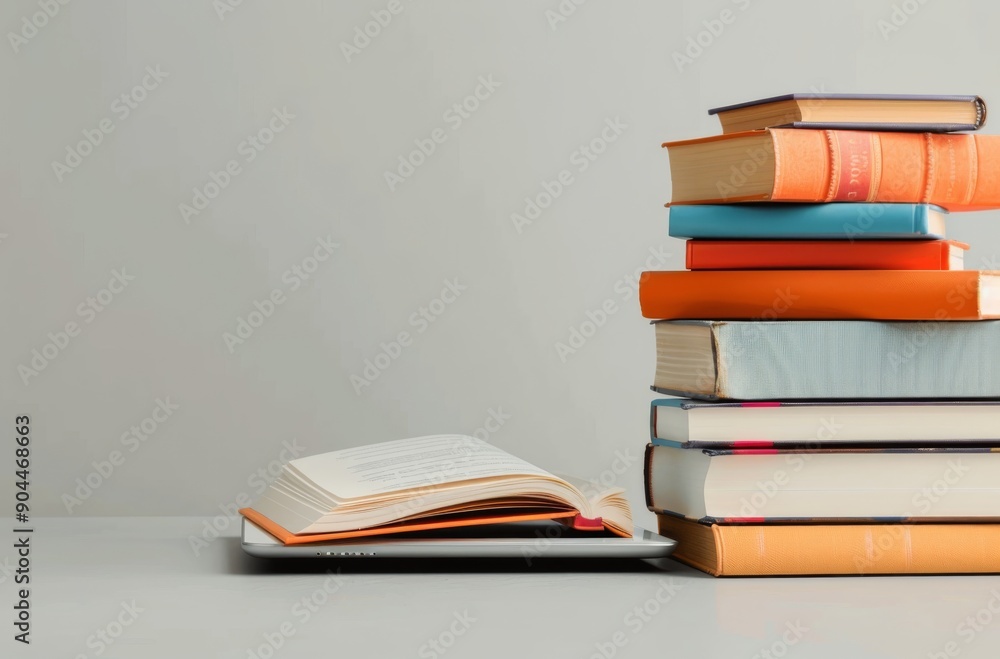 Aufkleber stacked books on a tablet with open pages in a minimalist workspace