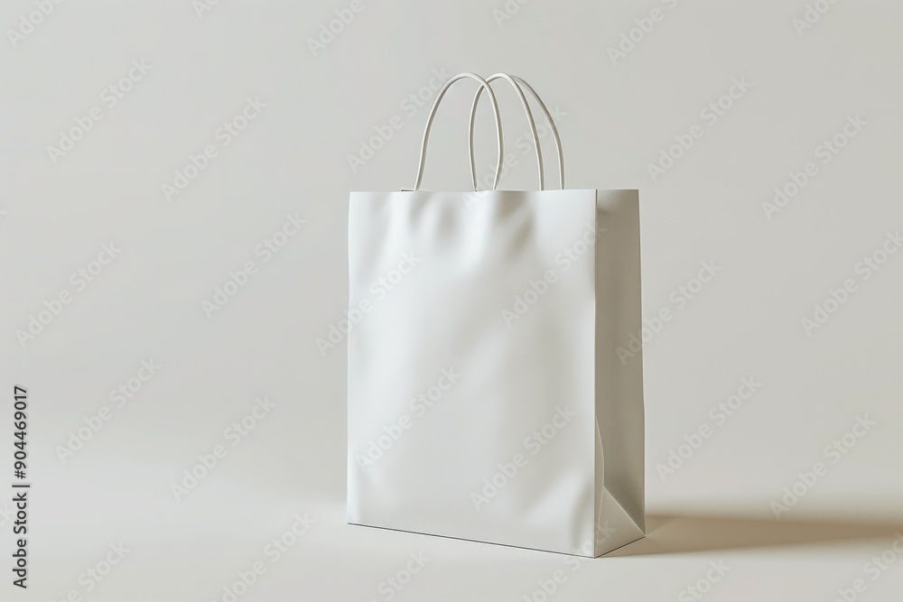 Aufkleber A minimalistic white paper bag with sturdy handles and subtle light shadows, ready for branding or customization in an elegant and modern design setting.