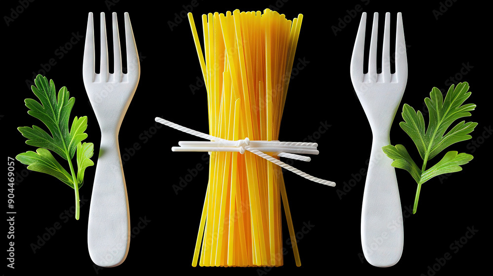 Poster a close-up of a fork and a plate of spaghetti with parsley on a black background