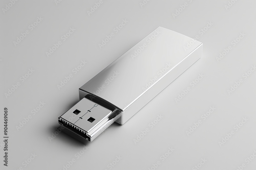 Poster a sleek and modern silver usb flash drive with the cap removed, revealing the plug, on a plain surfa