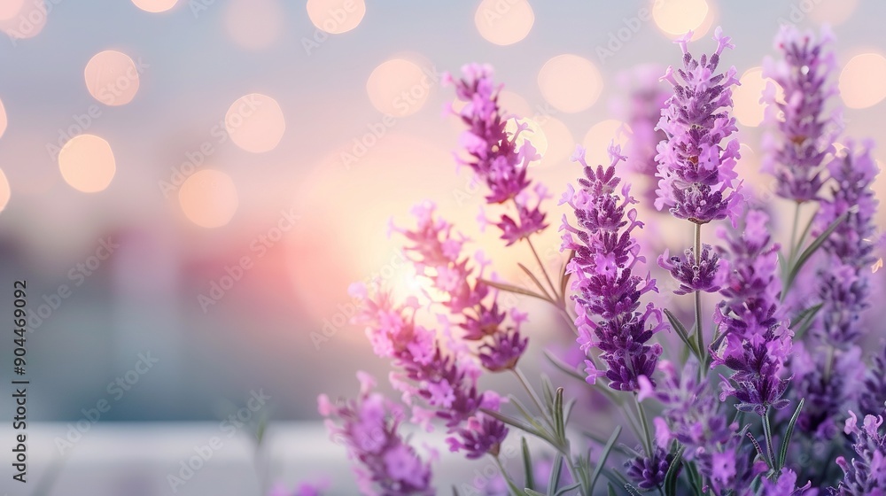 Poster lavender blooms before a blurred backdrop, illuminated by a bokeh-style light effect in the foregrou