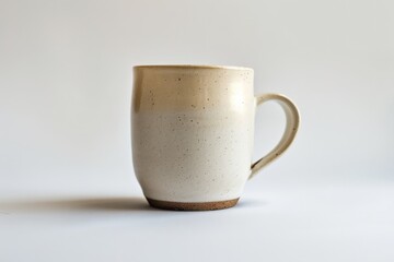 An isolated image of a beige pottery mug with a handle, placed on a white surface. The mug's artisanal craftsmanship is highlighted, showcasing its rustic and natural charm.