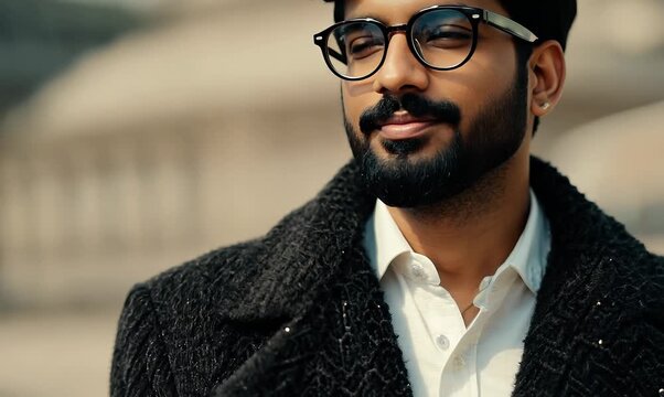 Handsome Indian man with beard and mustache wearing coat and glasses