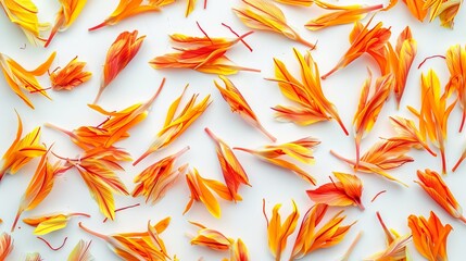 A vivid display of bright yellow and orange petals spread out on a pristine white surface, capturing the vibrant colors and delicate textures of the flower petals.