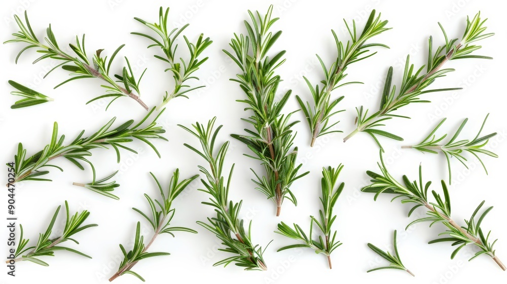 Poster the image showcases multiple fresh rosemary sprigs arranged in a scattered pattern on a white backgr