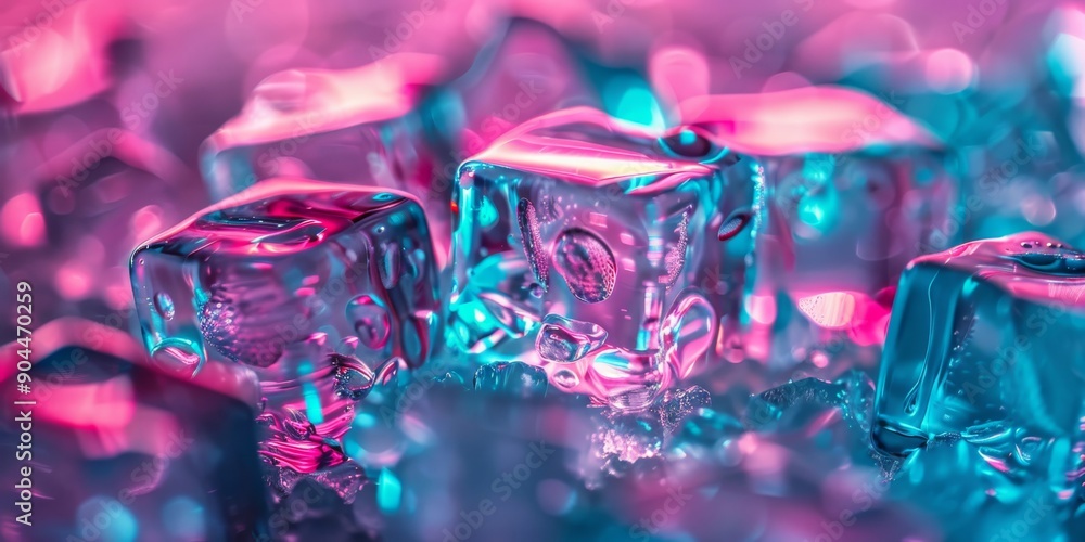 Poster vibrant and colorful ice cubes displaying neon reflections in a stunning visual composition