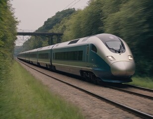 Fototapeta premium Modern high-speed train approaches to the station at spring morning time.
