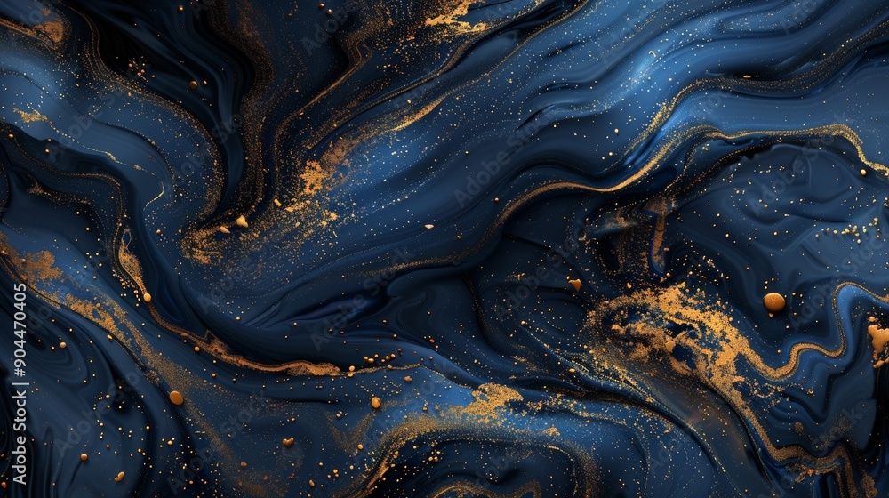 Poster Abstract art piece showcasing wavy gold accents on a dark blue fluid pattern, creating a mesmerizing visual experience through the interplay of light and shadow.