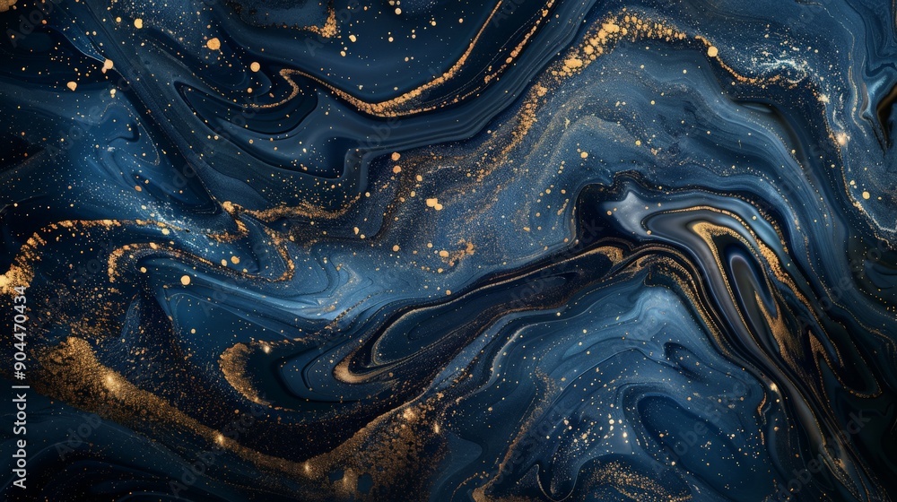 Poster the image presents speckled gold accents on a swirling deep blue background, creating a sense of cos