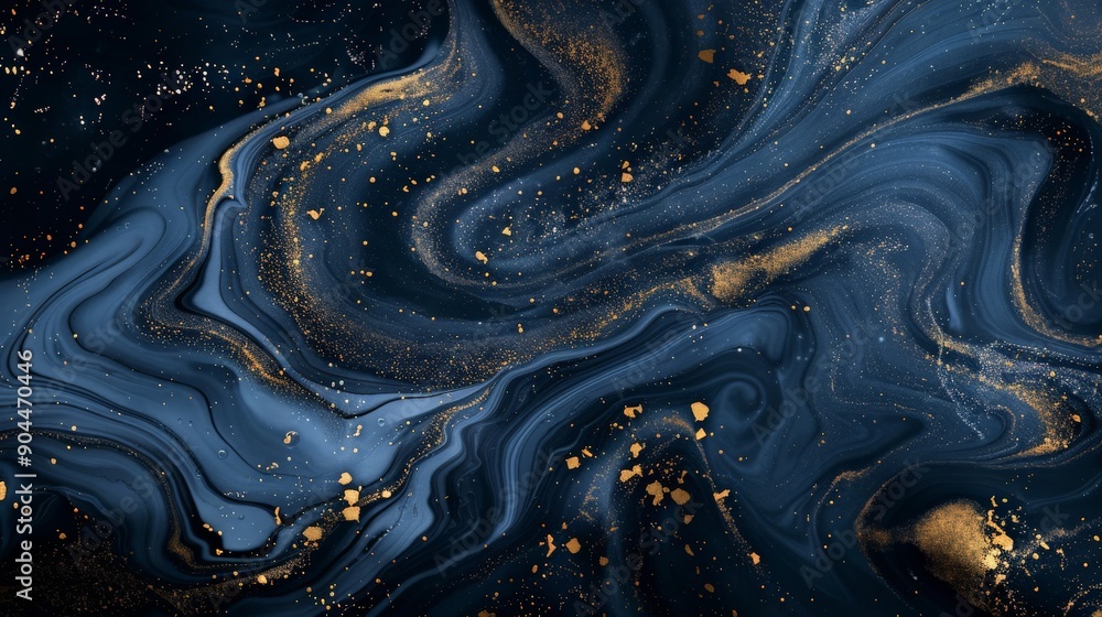 Poster this abstract artwork features fragmented gold nuggets scattered across a fluid dark blue background