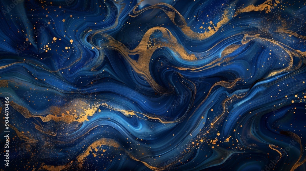 Poster The image showcases elegant gold swirls set against a deep blue, fluid art background, conveying a luxurious and calming effect through its harmonious color blend and smooth motion.