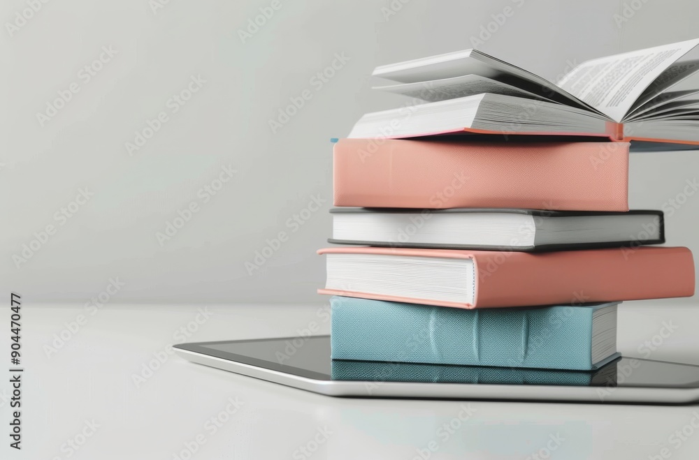 Aufkleber stacked books on a tablet with open pages in a minimalist workspace