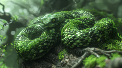 Fototapeta premium A vibrant green snake with textured scales and moss covering its body, coiled on a tree branch in an enchanting, misty forest environment.