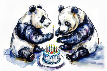 Two panda bears with cake. Watercolor illustration on white background