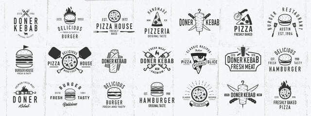 Vintage Fast food logo set. Street food related emblems set. Pizza, Burger, Kebab emblems templates. Vector illustration