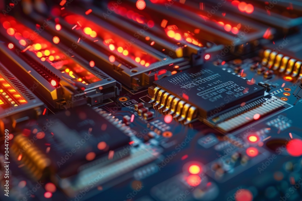 Poster electronic circuit board with a cpu processing data and illuminating red lights