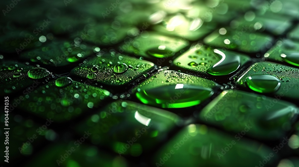 Poster close-up of green computer keyboard with water drops on keys and top