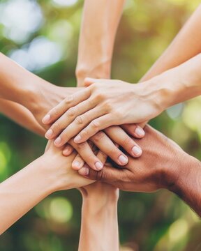 Team of businesspeople stacking hands showing unity and teamwork