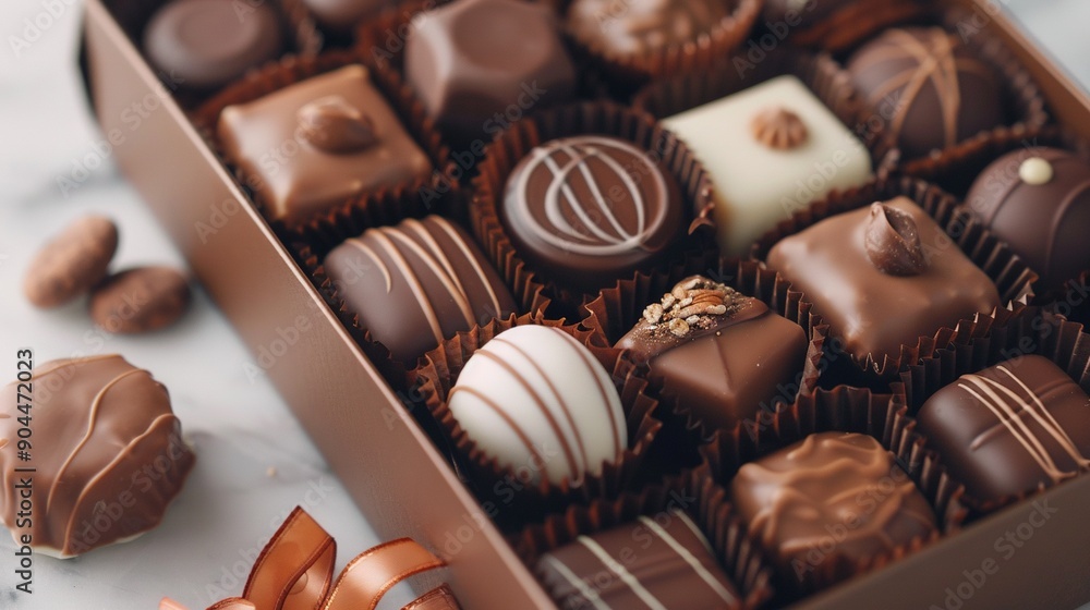 Poster close-up of a box of chocolates with a bow on the side