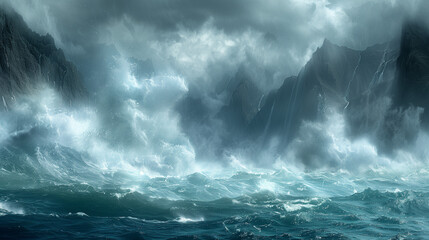 Fototapeta premium A tumultuous ocean storm with towering waves crashing against dark, jagged cliffs under an ominous, cloudy sky.