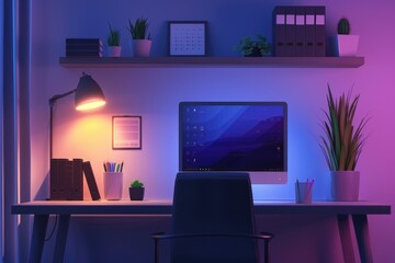 A desk with a computer and a lamp provides a comfortable workspace for working or studying
