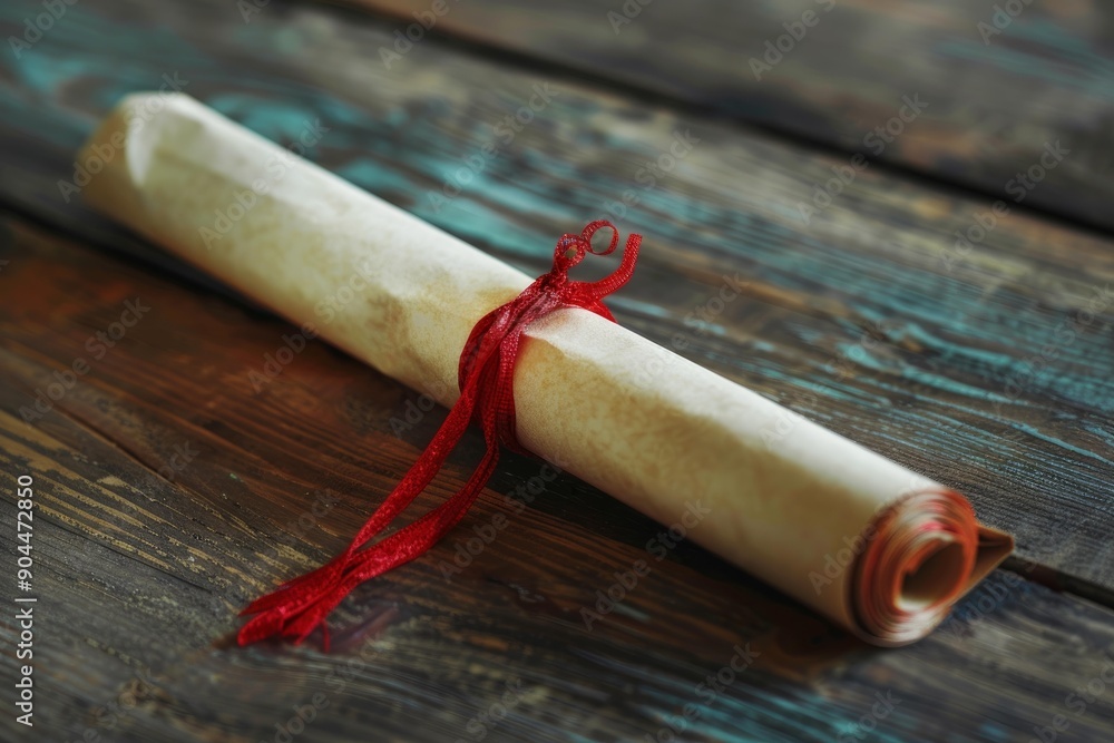 Poster old paper scroll tied with red ribbon is lying on a wooden table
