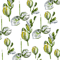 Gentle summer pattern of yellow-green flowers. Beautiful botanical illustration. Drawing of flowers by hand