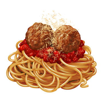 recommend clip art: Clip art of a plate of spaghetti with sauce, meatballs, and a sprinkle of parmesan cheese.