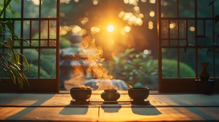 A table with three teacups and a bowl of tea