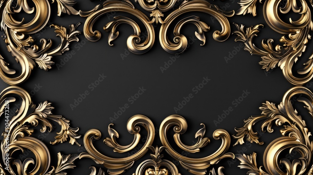 Poster a decorative gold frame against a dark black backdrop, suitable for use in design and photography pr