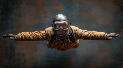 A man in vintage pilot gear with a helmet and goggles, simulating flight against a dark and textured background.