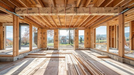  A house under construction features wooden frames on the ceiling and windows positioned along the sides of the structure