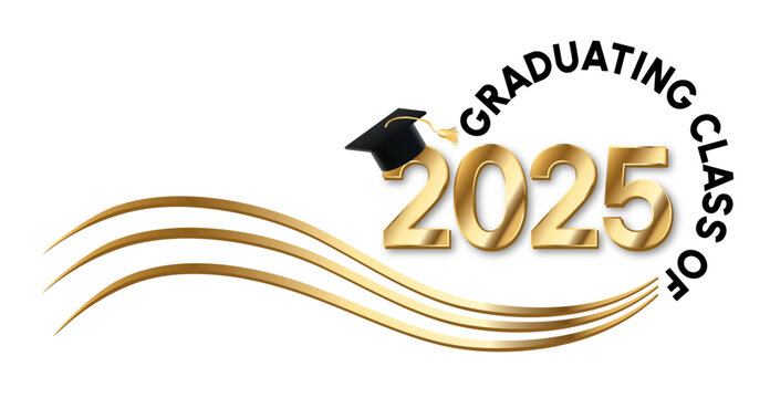 White background - Graduating Class of 2025 in black text in a circle. 2025 is in gold text. A graduation cap with a gold tassel sits on top of the year. Wavy golden lines accent.