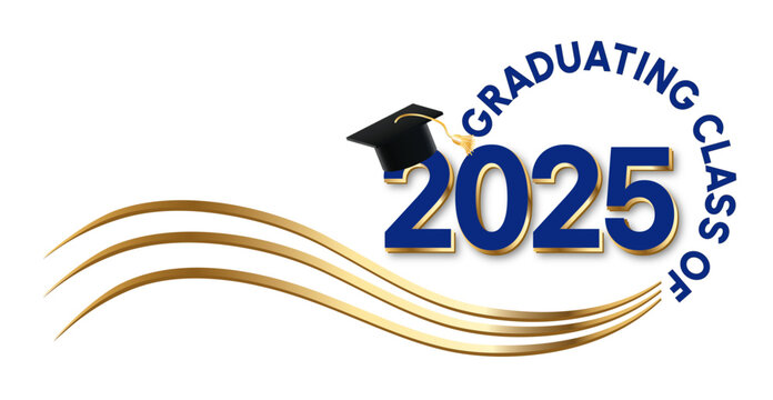 White background - Graduating Class of 2025 in blue text in a circle around the year. 2025 is in royal blue text. A graduation cap with a gold tassel sits on top of the year. Wavy golden lines accent.