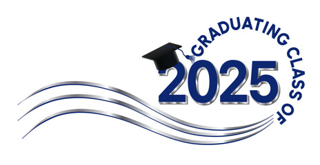 White background - Graduating Class of 2025 in blue and silver text in circle. 2025 is in royal blue text. Graduation cap with blue tassel on top of the year. Wavy silver and blue lines accent.