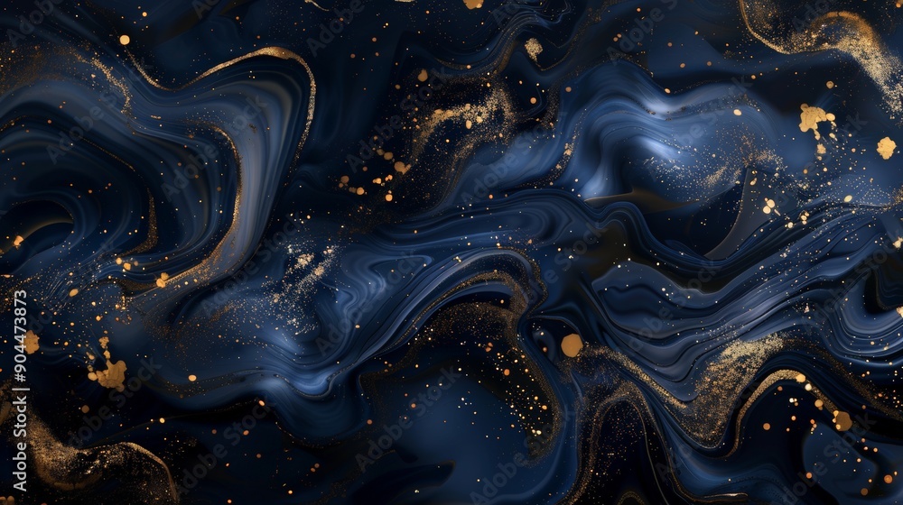 Poster this image showcases a sophisticated blend of dark navy blue and gold, employing abstract fluid art 