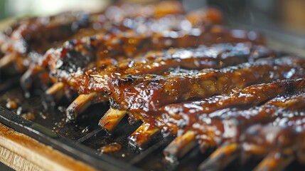   A BBQ rib close-up on a hot grill, showing sauce on both the top and bottom