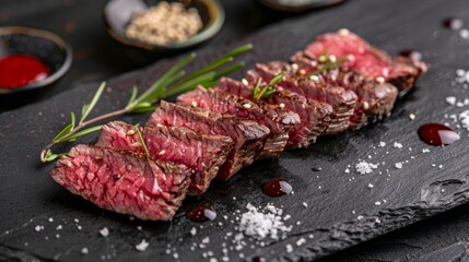 Close-up of Sliced Grilled Steak on Black Slate Plate with Rosemary, Steak, Food, Recipe, Cooking