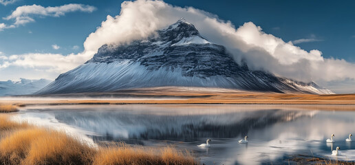 Obraz premium Swans swimming in a calm lake with a snow-capped mountain in the background. ..