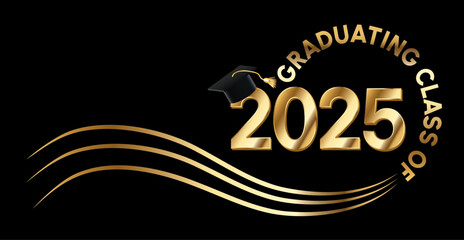 Graduation announcement for the class of 2025 featuring a black background with metallic gold text, wave design elements, and a graduation cap. Ideal for graduation ceremonies, invitations.