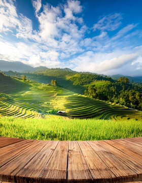 Wooden Tabletop overlooking Lush Rice Terraces in the Mountains